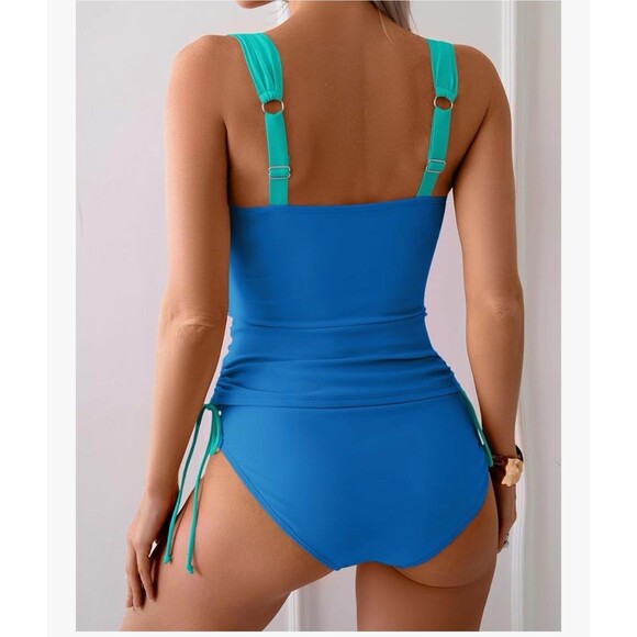 Tankini Swimsuit for Women Tummy Control Two Piece High Waist size 2XL turquoise - Picture 3 of 14